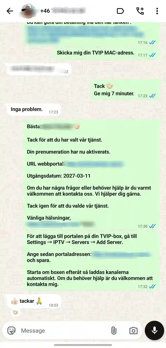 Nordic IPTV WhatsApp kundfeedback
